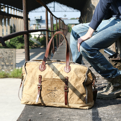 LAN藍皮具 男士大手提包 牛皮配帆布旅行包 大號復古純棉行李包_中國法律網推薦商城