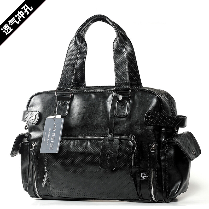 男士PU包 單肩斜挎包橫款方形商務(wù)旅行包 手提包韓版軟皮休閑男包 酷黑色標(biāo)準(zhǔn)號(hào)(無(wú)隔層)